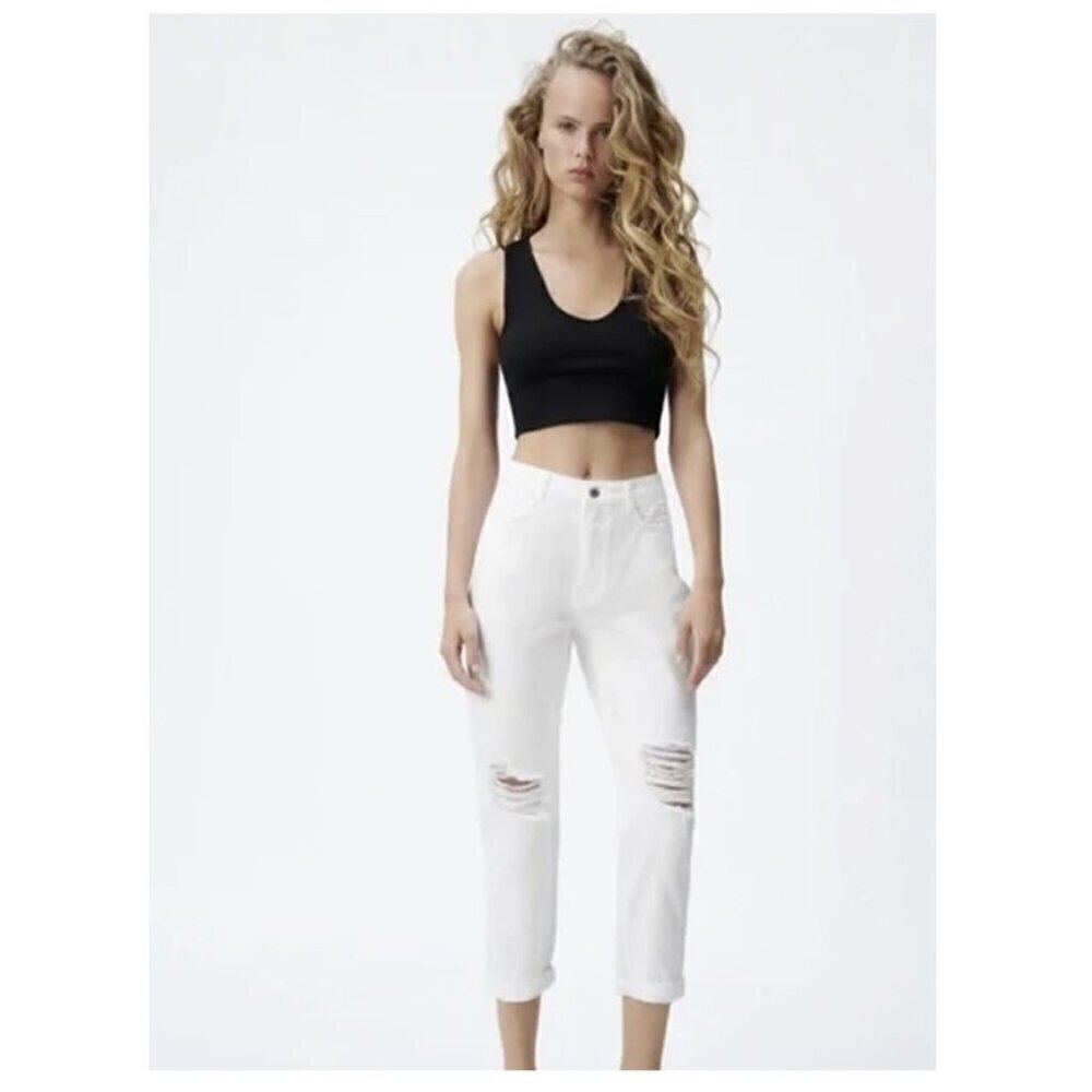 Zara Relaxed Cropped Low Rise Distressed White Denim Jeans